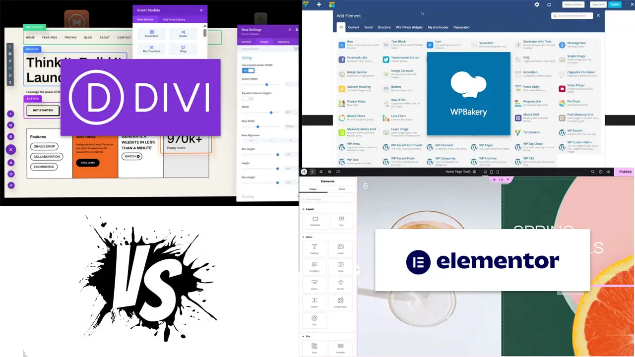 Comparativa Elementor vs Divi vs WPBakery – análisis de rendimiento, velocidad y constructores visuales WordPress
